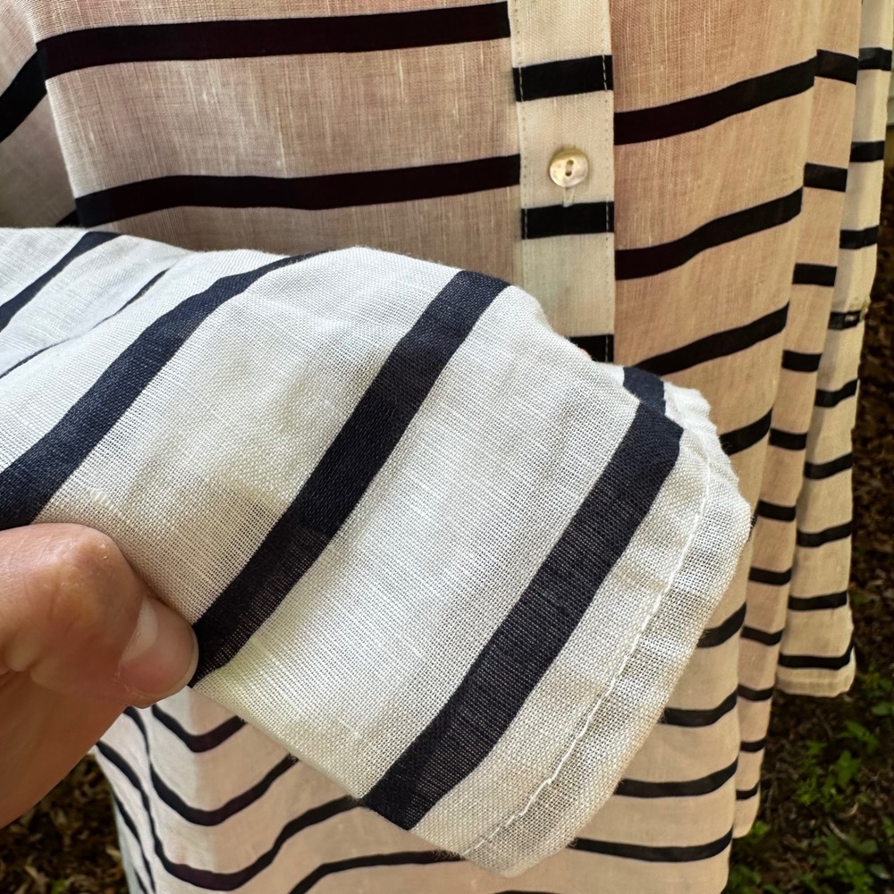 Hester & Orchard Linen Blend Tunic Top B&W Striped 3/4 Sleeve Button‎ Up Size L - Picture 4 of 12